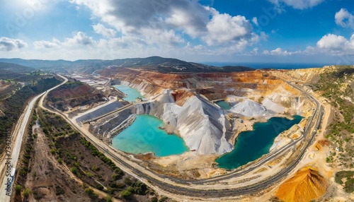 aerial panorama of skouriotissa copper mine in cyprus with ore piles and multicolored pools photo