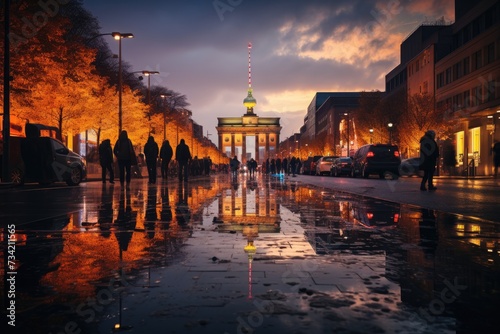 Brandenburg gate at dusk, vibrant scenario., generative IA photo