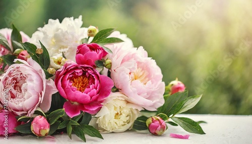 floral arrangement with rose and peony flowers on a light background summer banner greeting card for wedding holiday birthday template for design selective focus