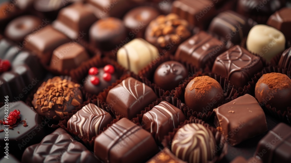  a close up of many different types of chocolates on a black surface with red and white sprinkles on the top of each of the chocolates.