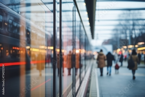 Bokeh-style photo featuring a modern railway station. This captivating image captures the bustling atmosphere and dynamic energy of a contemporary transportation hub  perfect for showcasing travel