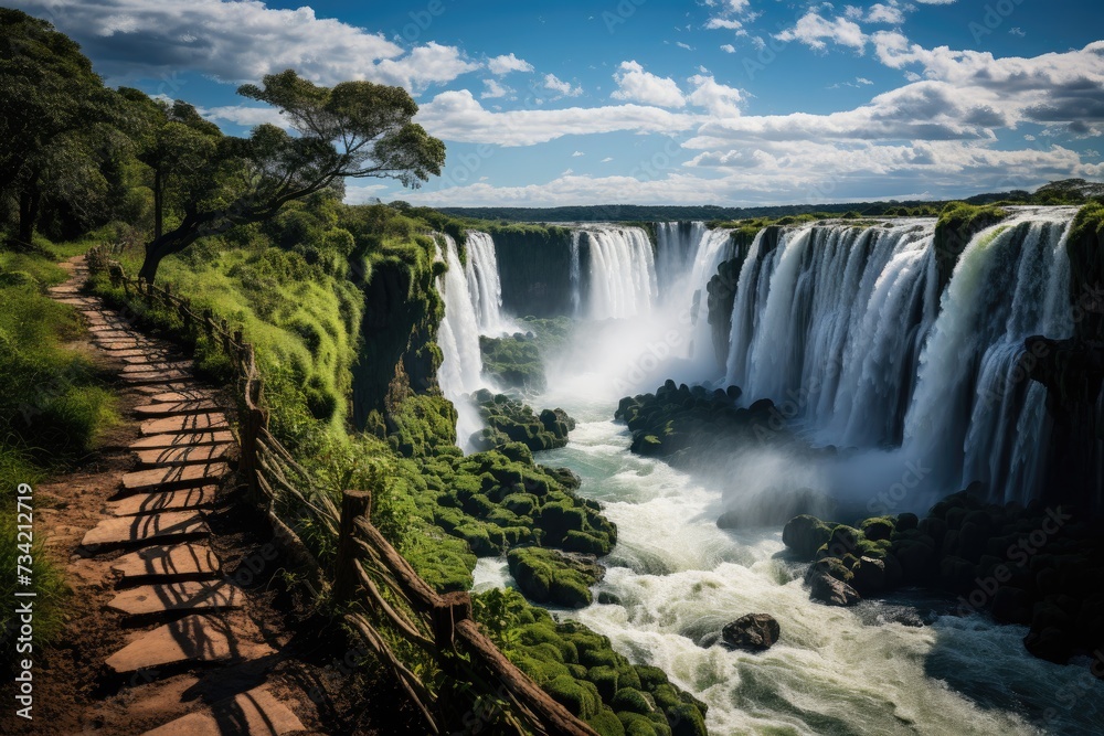 Iguaçu Falls impressive waterfalls and lush vegetation., generative IA - obrazy, fototapety, plakaty 