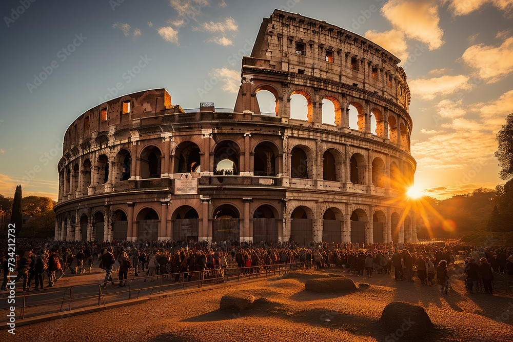 Ruins of the Coliseum of Rome at sunset., generative IA