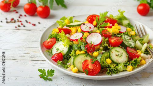 Healthy salad with boiled radish, corn, tomatoes and cucumber in plate on table