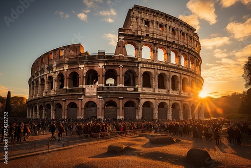 Ruins of the Coliseum of Rome at sunset., generative IA