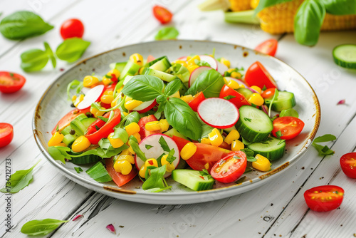 Healthy salad with boiled radish, corn, tomatoes and cucumber in plate on table