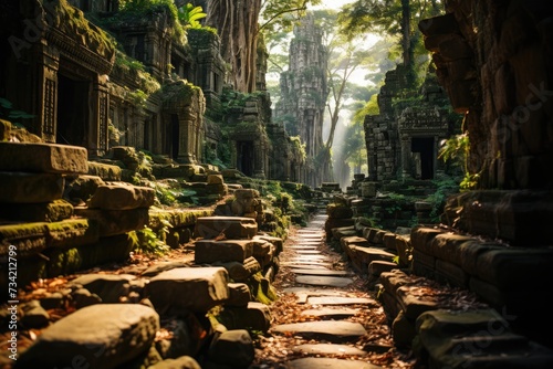 Ancient temples appear in the lush jungle., generative IA