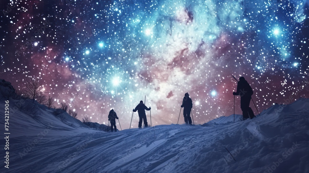  a group of skiers standing on top of a snow covered slope under a night sky filled with stars and a cluster of bright, colorful, glowing, glowing stars.