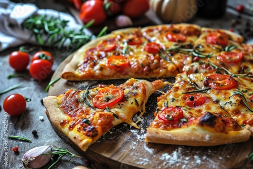 Close-up of a supreme pizza topped with pepperoni, olives, cheese, and cherry tomatoes, garnished with fresh basil leaves.