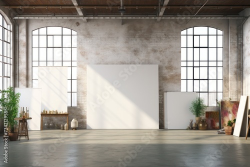 loft space interior with black canvases mock up. Mockup of empty canvas in artistic studio.