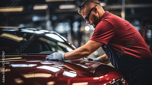 a man in a red shirt and gloves polishing a car