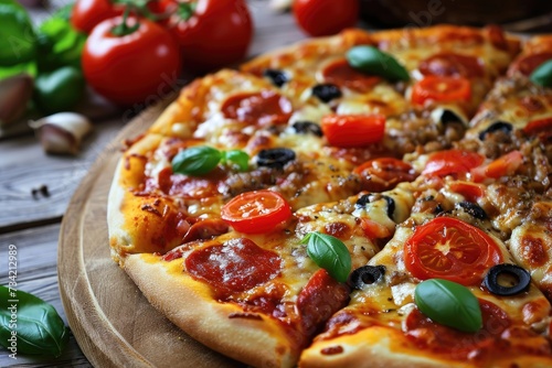 Close-up of a supreme pizza topped with pepperoni, olives, cheese, and cherry tomatoes, garnished with fresh basil leaves.