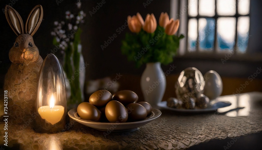 easter table setting with golden eggs and tulips easter table setting with golden eggs and tulips