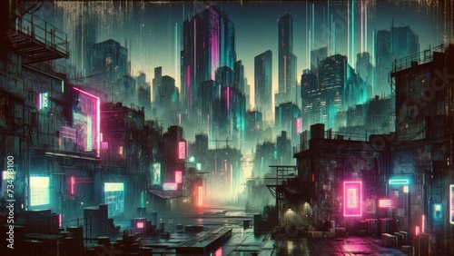 a futuristic cyberpunk cityscape  atmospheric fog shrouds the alleyways where glowing neon signs illuminate the urban landscape.