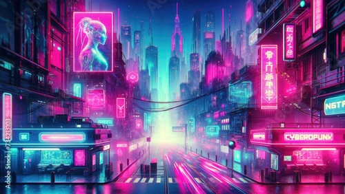 a futuristic cyberpunk cityscape  atmospheric fog shrouds the alleyways where glowing neon signs illuminate the urban landscape.