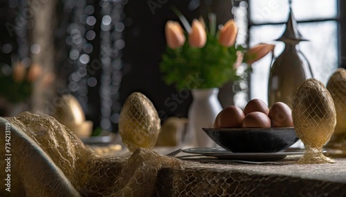 Easter table with eggs and tulips  #734213119
