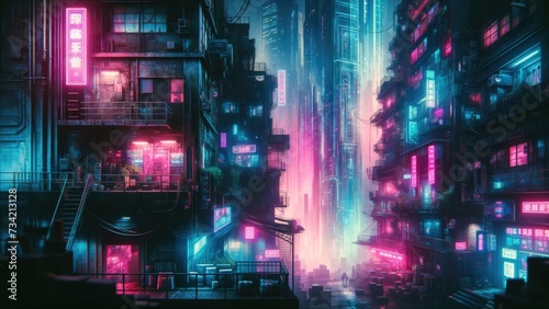 a futuristic cyberpunk cityscape  atmospheric fog shrouds the alleyways where glowing neon signs illuminate the urban landscape.