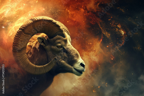 Aries zodiac sign against space nebula background. Astrology calendar. Esoteric horoscope and fortune telling concept.