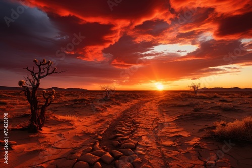Hot sunset in the desert, golden dunes and sky on fire., generative IA
