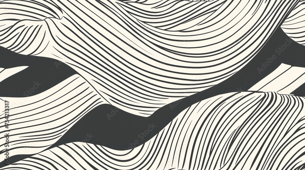  a black and white wallpaper with wavy lines in the shape of a wave and a black and white background with a white rectangle pattern on the side of the wall.