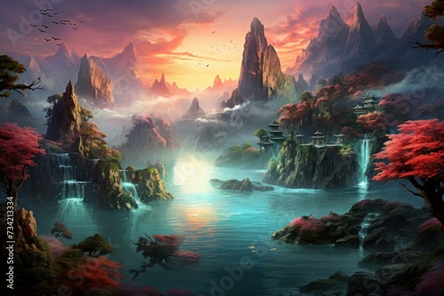 Idyllic Oriental landscape river. China art. Generate Ai photo