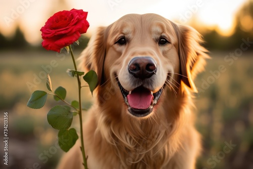 golden retriever with red rose as valentines day romantic card. Love for dogs. Cute valnetine date.