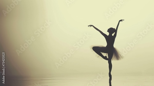  a ballerina in the middle of a dance pose in the middle of a body of water in a foggy, foggy, foggy, light - filled area.