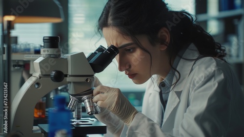 Woman Scientist Studying Sample Under Microscope Generative AI © Alex