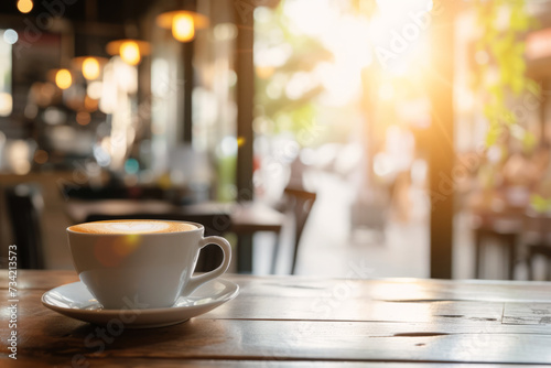 Cup of coffee on wooden table in cafe with morning light, Breakfast in restaurant