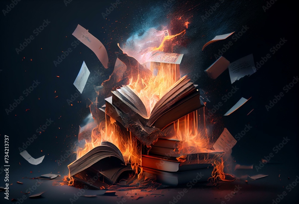 Digital illustration of books on fire with papers in the air among fire. Literature and history of a nation erased by burning books in a censorship raid. Lost information and documents. Generative AI - obrazy, fototapety, plakaty 