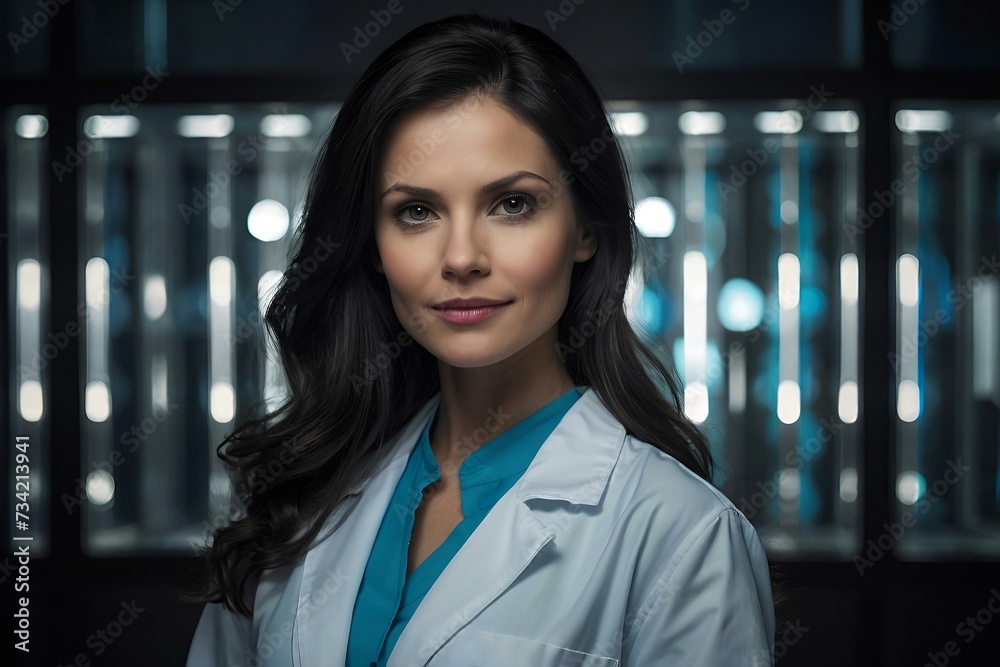 Naklejka premium Brunette doctor with medical white gown and shirt posing on luminous abstract tech background