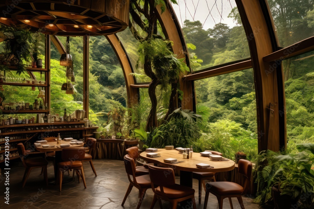 vegan restaurant eco interior in green highlands in jungle with big windows, bamboo wooden furniture. Trendy design.