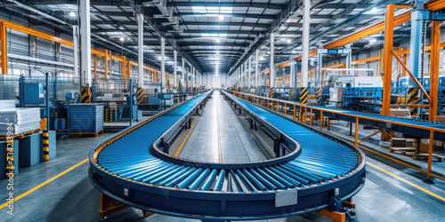 Curved section of a conveyor belt system in a large distribution warehouse with industrial shelving.