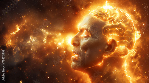 Human breathing out into outer space, in the style of dark orange and light gold, photorealistic portraiture, vivid energy explosions