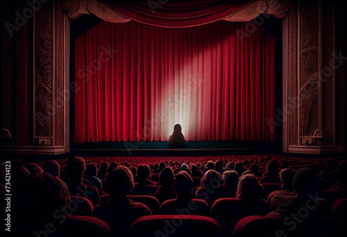 Cinematic theater interior with blank white screen and crimson curtains for a movie premiere; audience members looking back from their seats. Generative AI