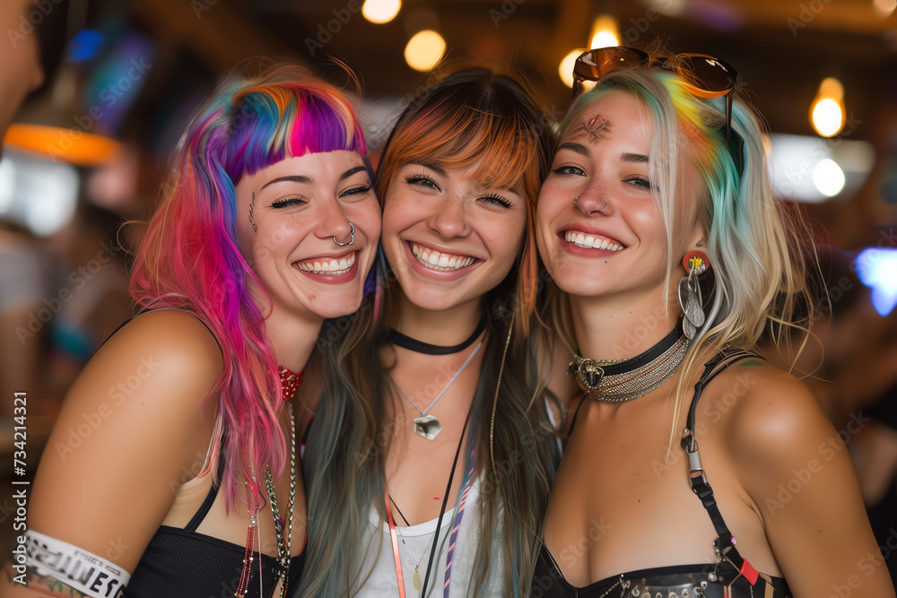 Drei Frauen mit bunten Haaren, Cosplayer Drei Frauen mit bunten Haaren, Cosplayer
