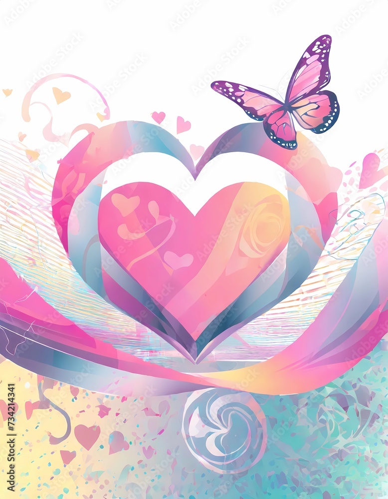 illustration of an background, heart with butterflies and flowers illustration of an background, heart with butterflies and flowers