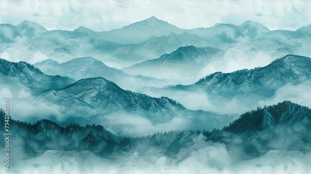  a painting of a mountain range with trees in the foreground and clouds in the background, with a blue sky and white clouds in the middle of the top.