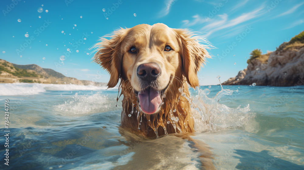 Golden Retriever joyfully swimming in clear blue sea waters, embodying the spirit of adventure and freedom in travel