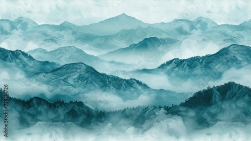  a painting of a mountain range with trees in the foreground and clouds in the background, with a blue sky and white clouds in the middle of the top.