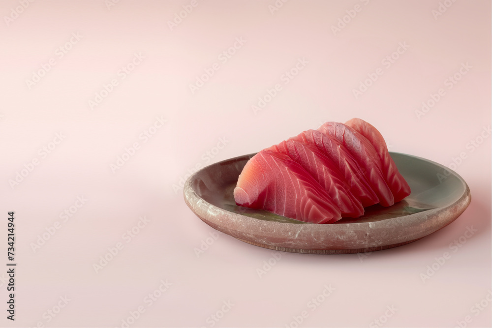 Tuna Sashimi in the plate. Light pink color background, side view. Space for text. Tuna Sashimi in the plate. Light pink color background, side view. Space for text.