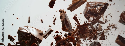Chocolate bar piece explosion chunk candy broken isolated milk cocoa fly white background. Break bar chocolate fall air food chip snack dark piece dessert black ingredient burst parts cacao sweet