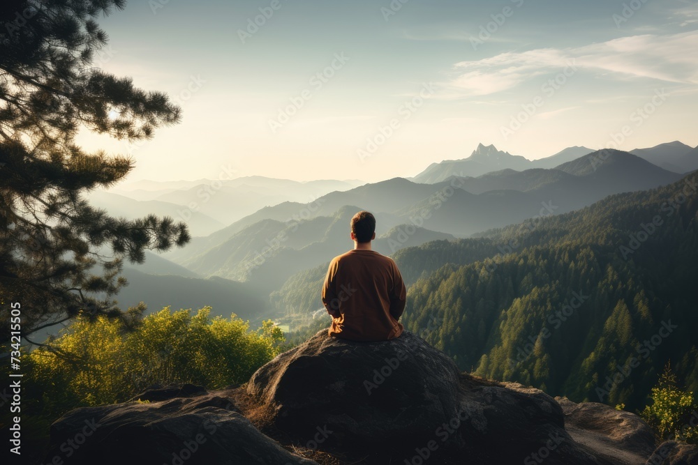 Meditation landscape and man sitting on a mountain top for mindfulness and spirituality. Peaceful, stress free and focus in nature with view, for mental health, Ai generated