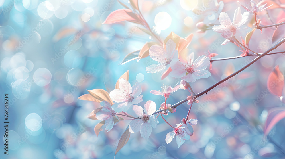 Blooming tree branch on blue background