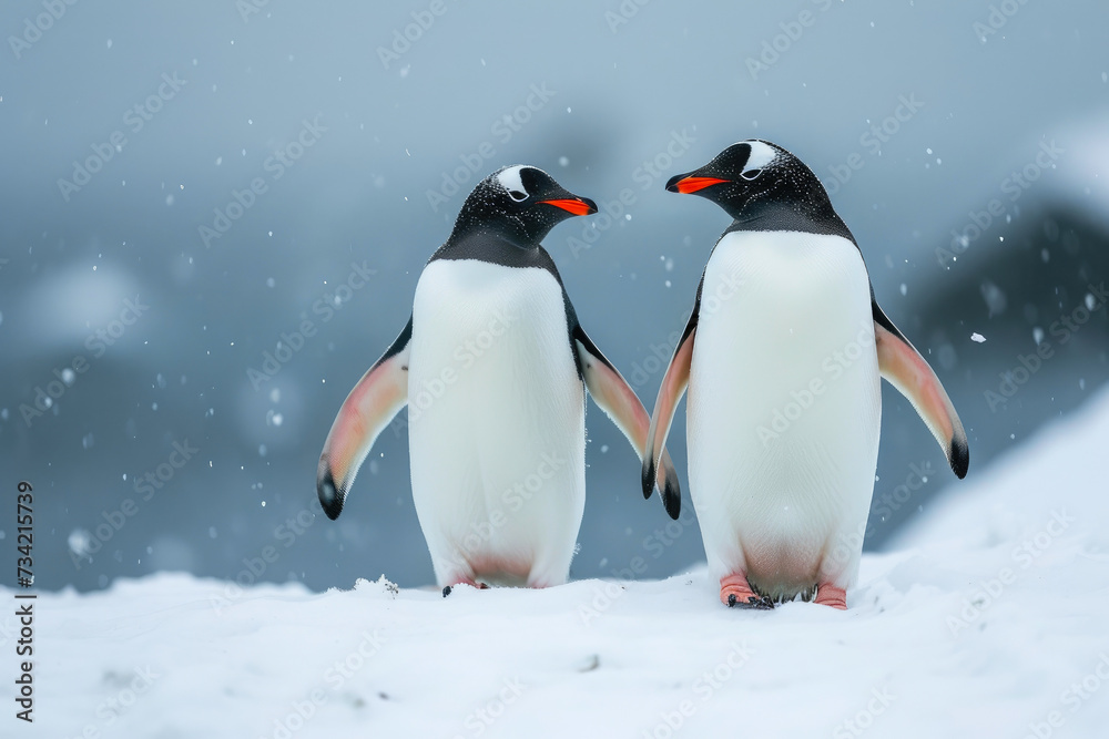 Obraz premium Wintery Waddle: Penguins Strolling Through Snow