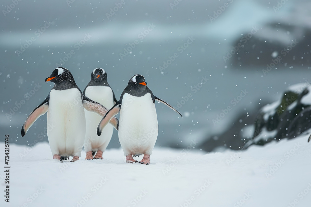 Fototapeta premium Snow-Covered Steps: Penguins on Their Winter Journey