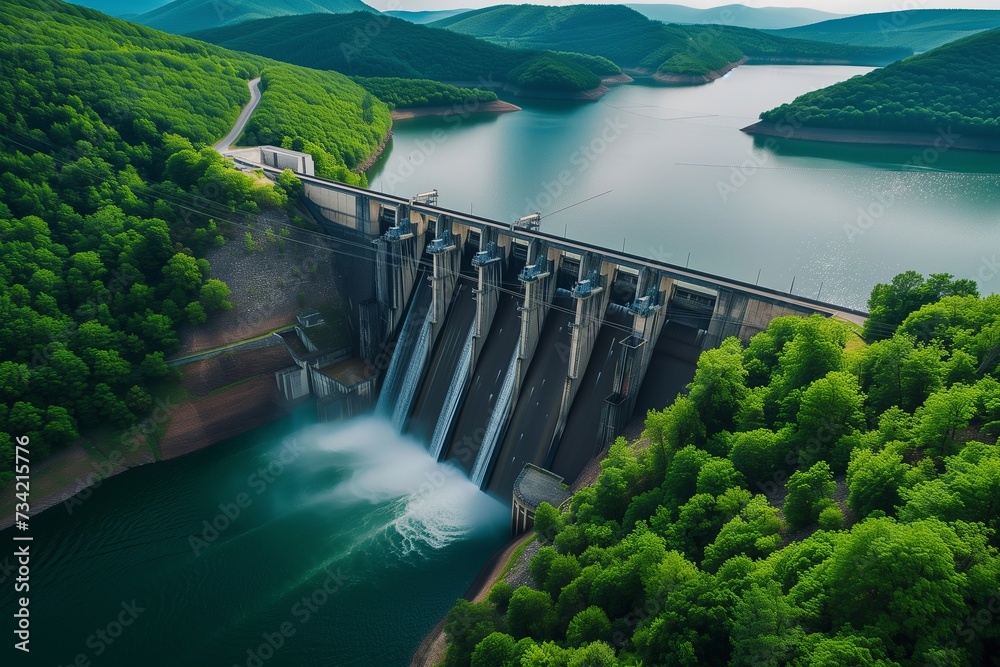 Aerial View of Hydroelectric Dam Amidst Lush Greenery, Sustainable Energy Landscape