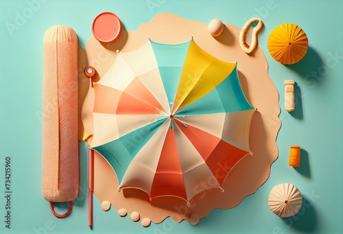 Flat lay summer vacation with beach towel, umbrella, chair and inflatable ring on cream color background. 3d rendering. Generative AI