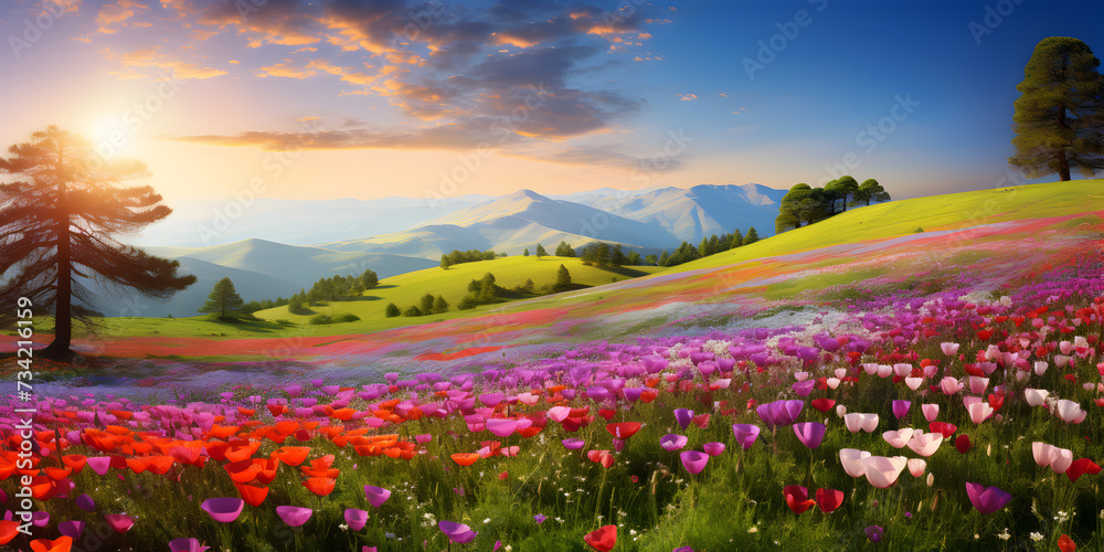 Summer panoramic landscape with blooming field of colorful flowers in the grass, blue sky at daylight 