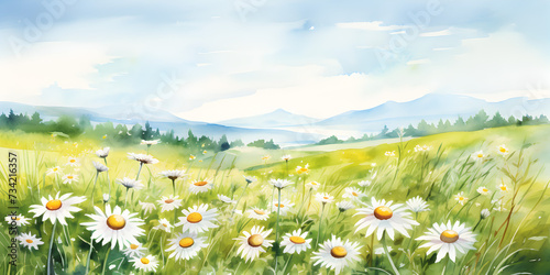 Watercolor illustration of spring panoramic landscape with blooming field of daisies in the grass